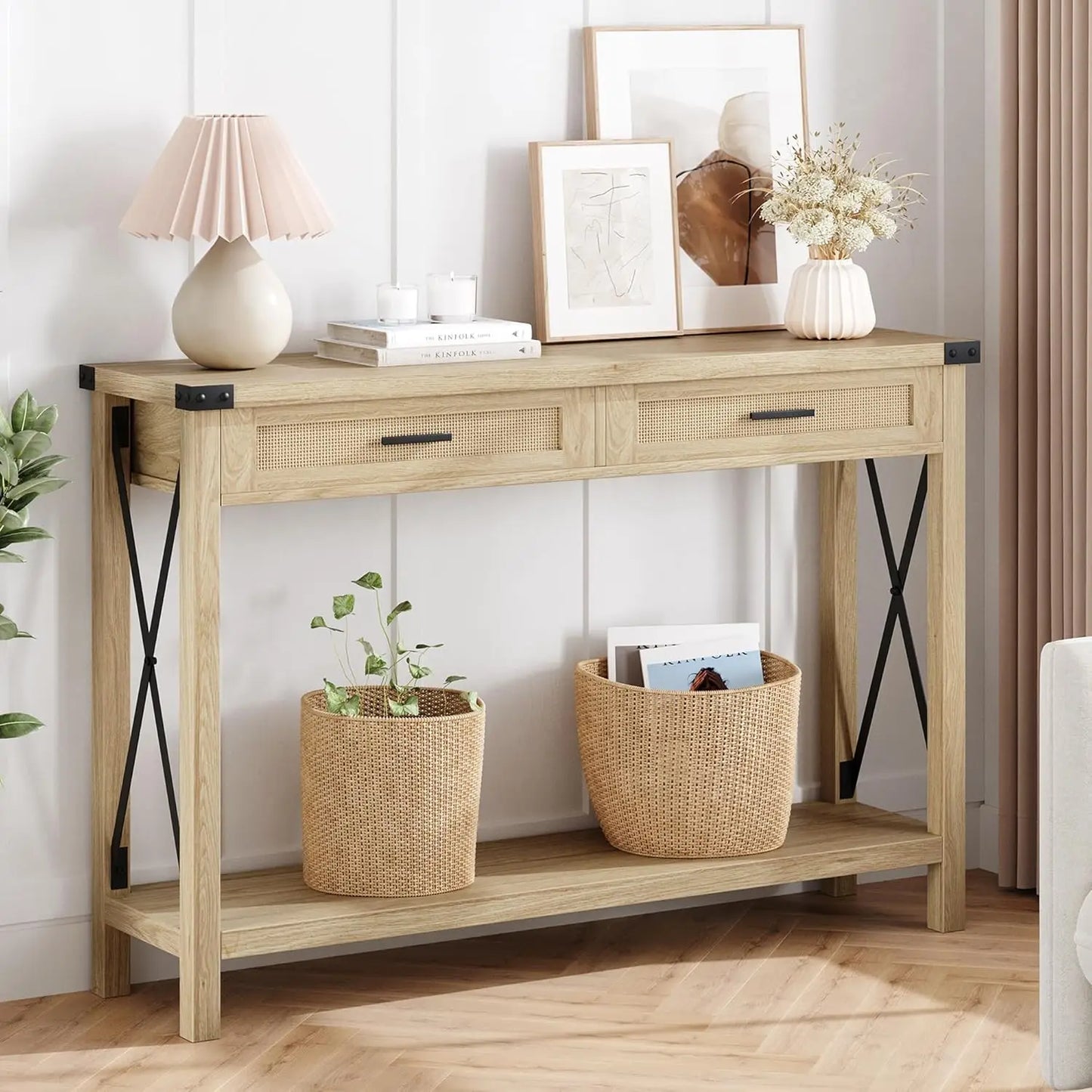 Farmhouse Entryway Console Table With Rattan Drawers 43 Inch