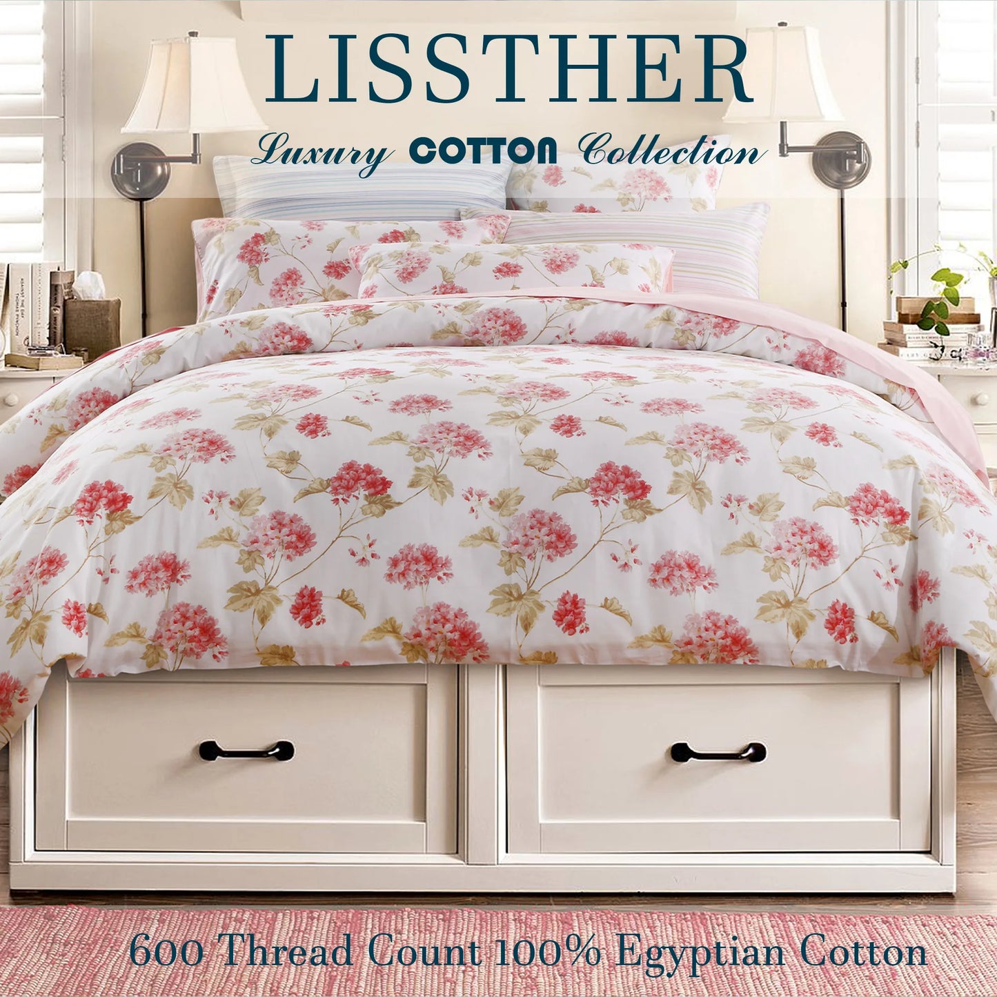 600TC Egyptian Cotton Duvet Cover Set Soft Floral Design