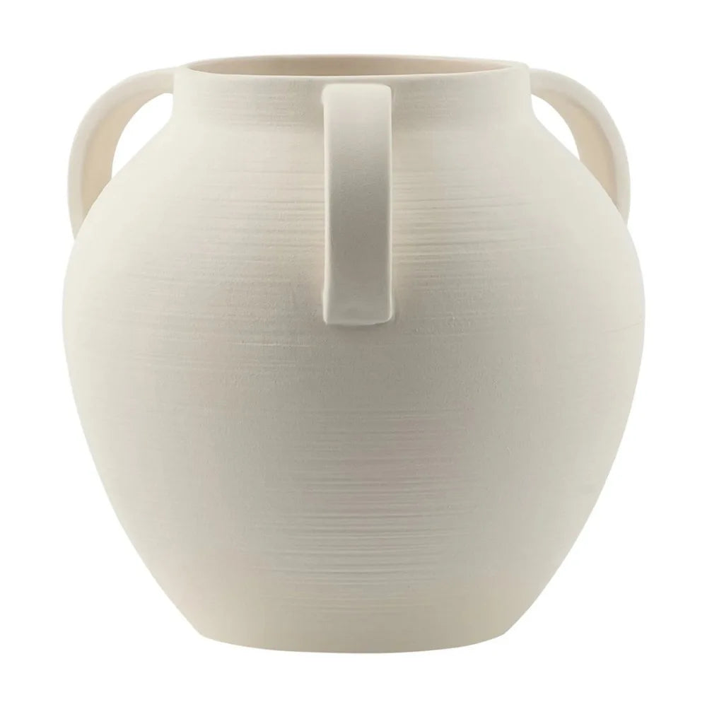 8 Inch White Matte Textured Ceramic Vase With Three Handles