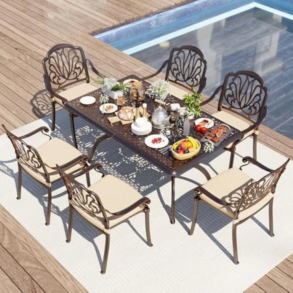 Retro Outdoor Dining Set for 6 with Durable Aluminum Structure