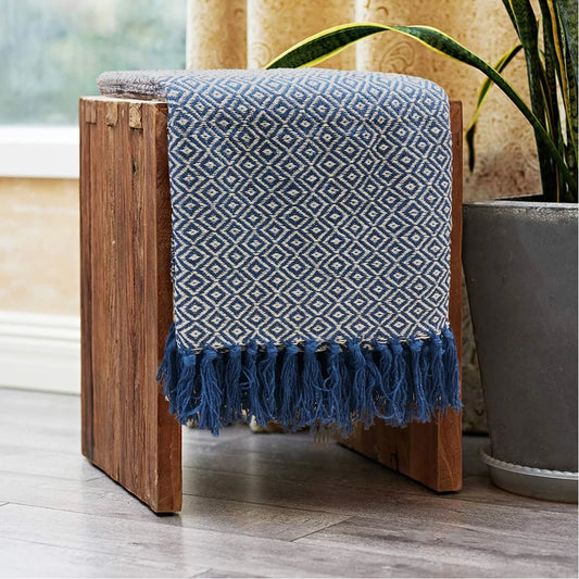 Cotton Throw Blanket 50x60 Blue Ivory Diamond Design