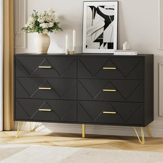 6 Drawer Black Wooden Dressing Table With Gold Handles