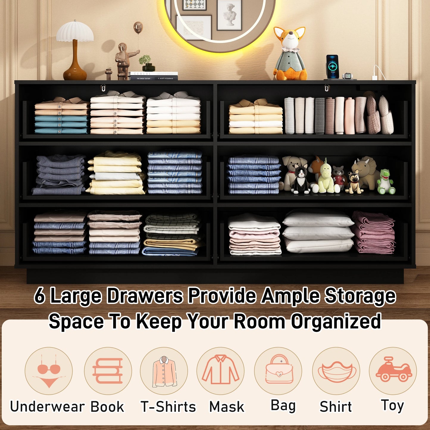 6 Drawer Dresser With Power Outlet LED Lights For Bedroom