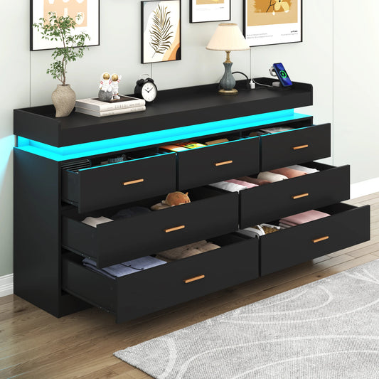 7 Drawer Dresser With LED Light And Charging Station For Bedroom