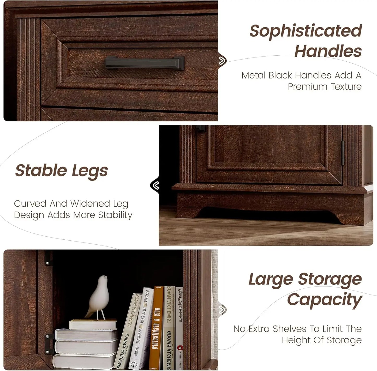 Wooden Nightstand Set of 2 With Large Storage Drawers