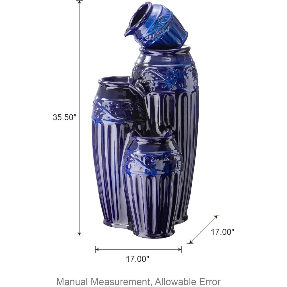 35.5 Inch Cobalt Blue Outdoor Water Fountain LED Lights
