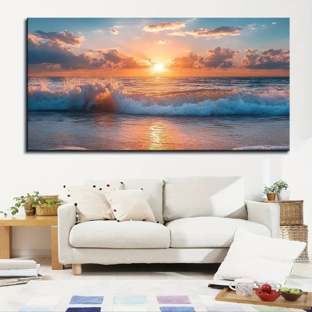 1.5 Inch Pine Solid Wood Frame Ocean Beach Wave Wall Art