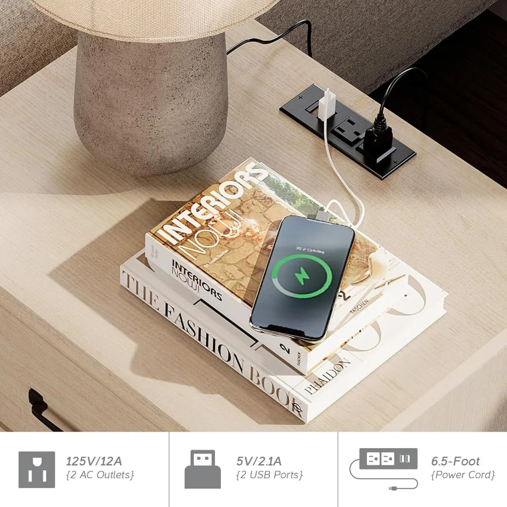 Beige Nightstands Set Of 2 With Charging Station Drawers
