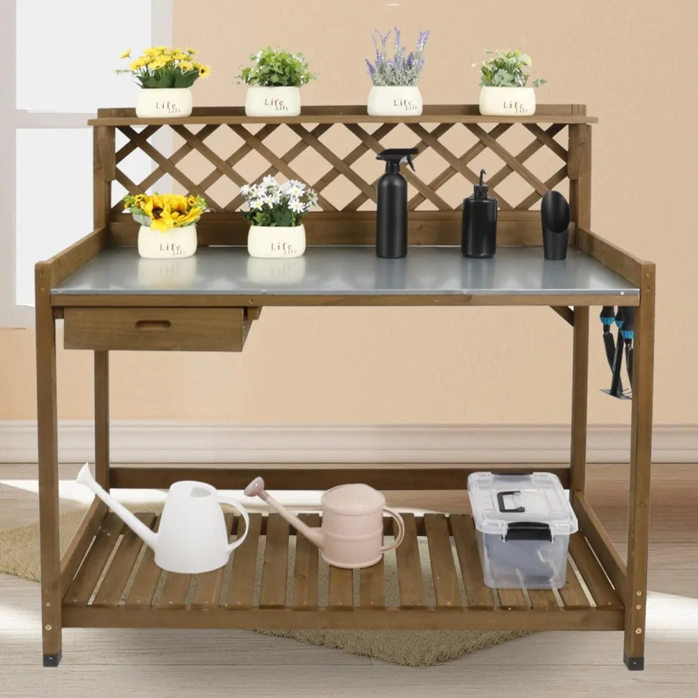 Outdoor Wooden Potting Bench with Metal Top and Storage Solutions