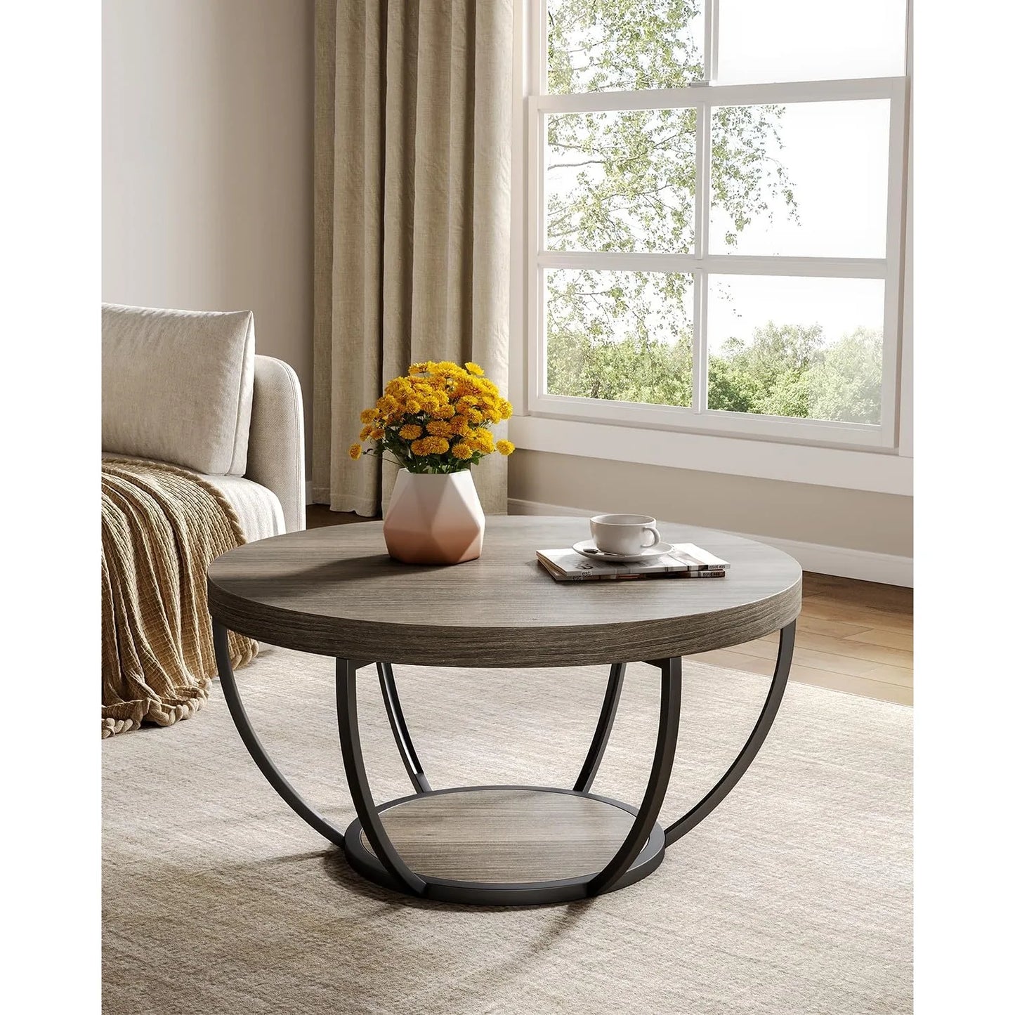 32 Inch Circle Marble Coffee Table Two Tier Gold Metal Legs