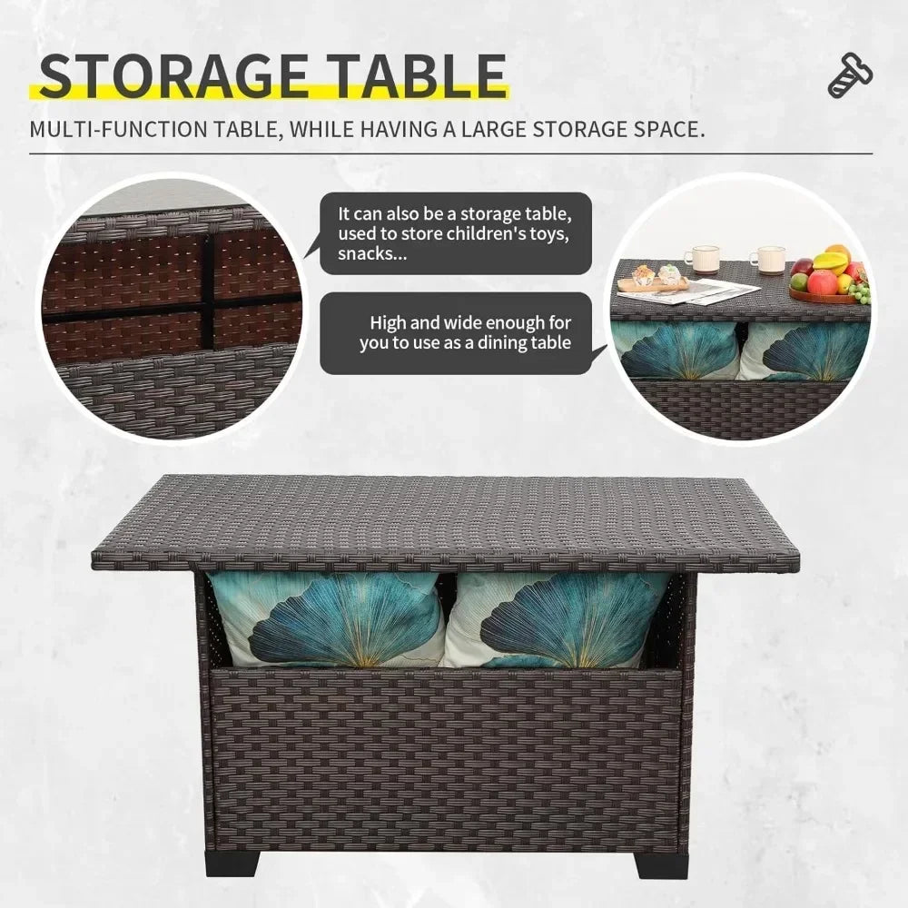 9 Piece Wicker Patio Set With Peacock Cushions And Storage