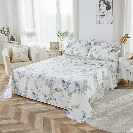 4Pcs 600TC Egyptian Cotton Fitted Sheet Blue Floral