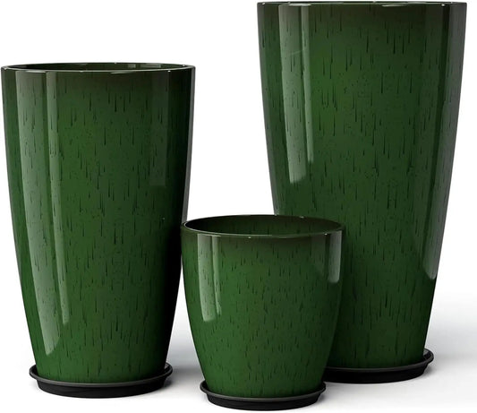 QCQHDU 24,21,11 inch Large Planters with Drainage Hole & Saucer, Set of 3 Plant Pots Tall Planter for Indoor & Outdoor Plants Ho