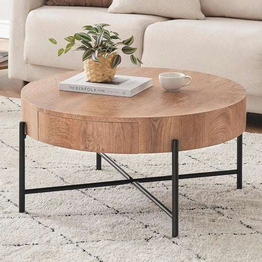 Round Coffee Table With Two Drawers Storage Farmhouse Wood