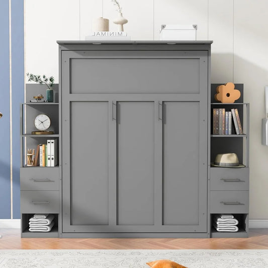 Queen Size Murphy Bed With LED Shelves And Drawers Gray