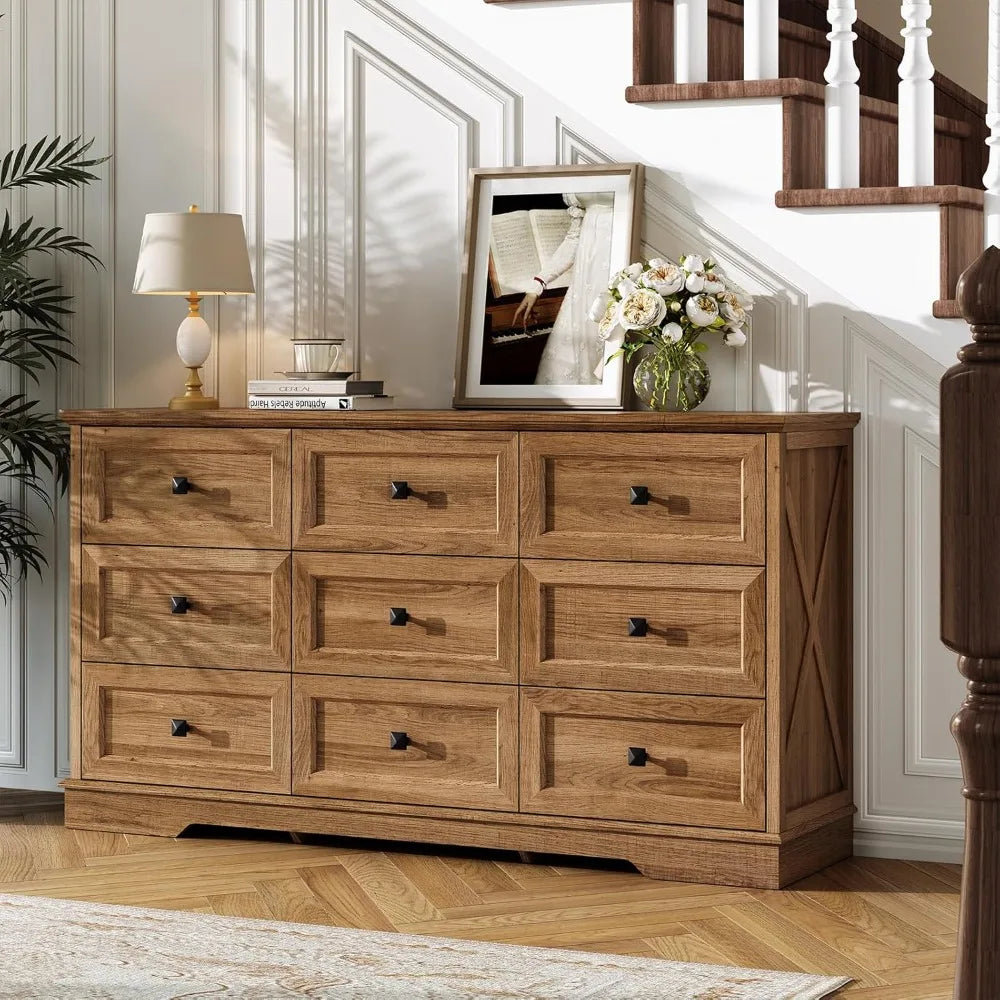 Farmhouse 9 Drawer Dresser 59 Inch Wide Bedroom Storage