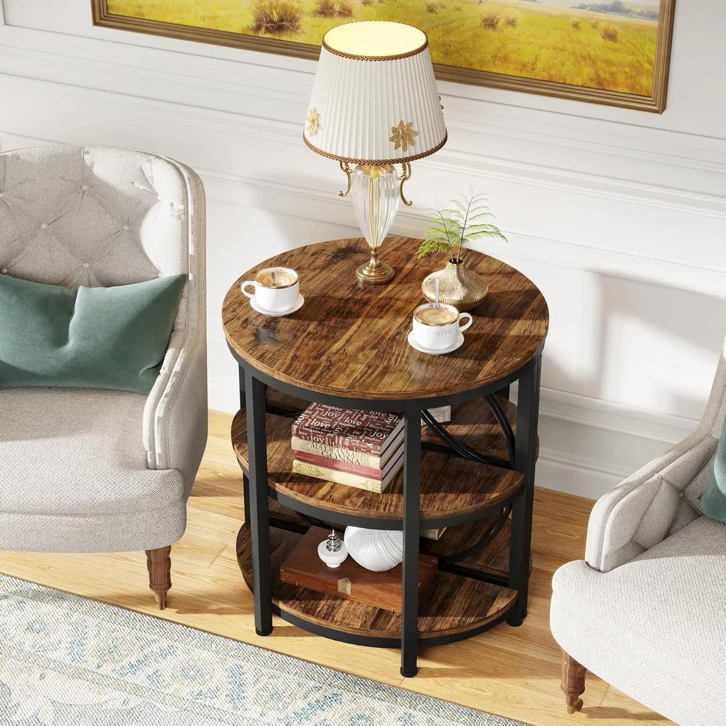 Small Half Round End Table With Shelves And Metal Frame