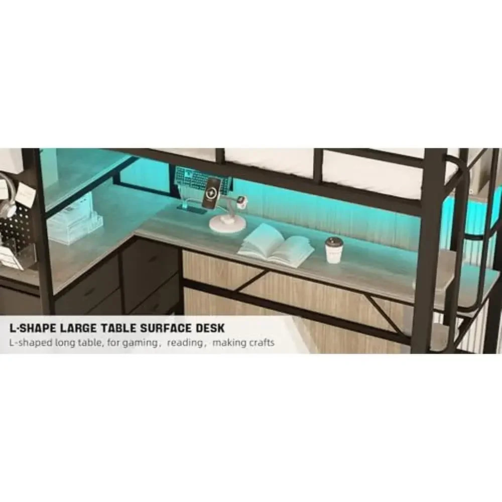 Twin Loft Bed With L Shaped Desk And LED Lights Storage