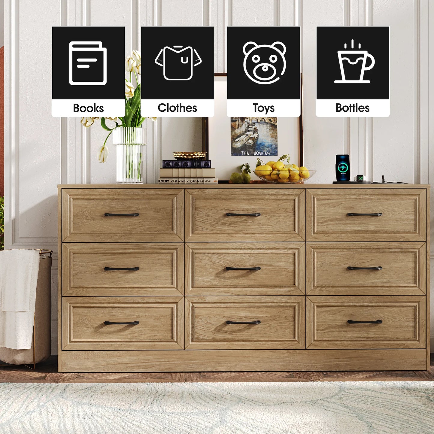 Vabches Wood Dresser For Bedroom 9 Drawers Power Outlet